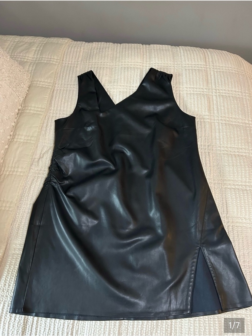 Ashley Graham Black Faux Leather V-Neck Dress